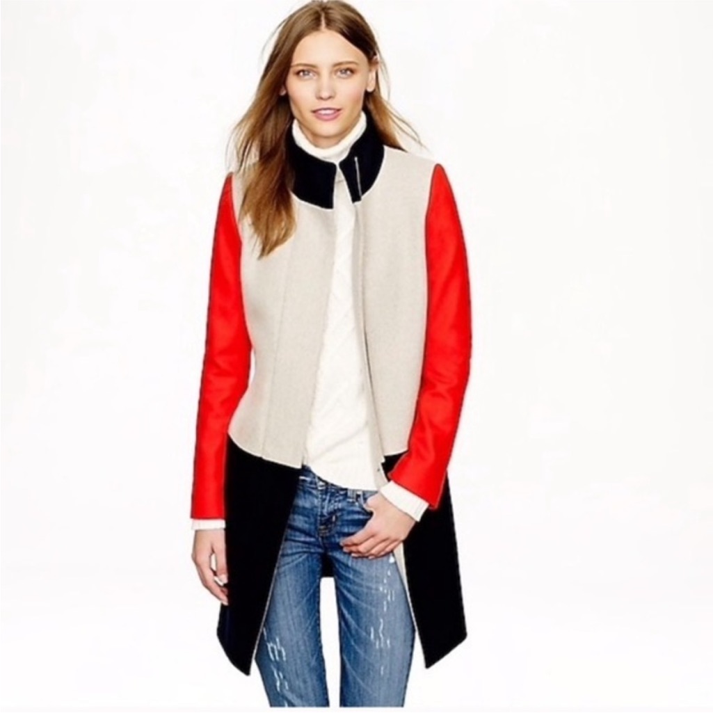 J. Crew Italian Wool Funnel Neck Color Block Coat Small 2 4